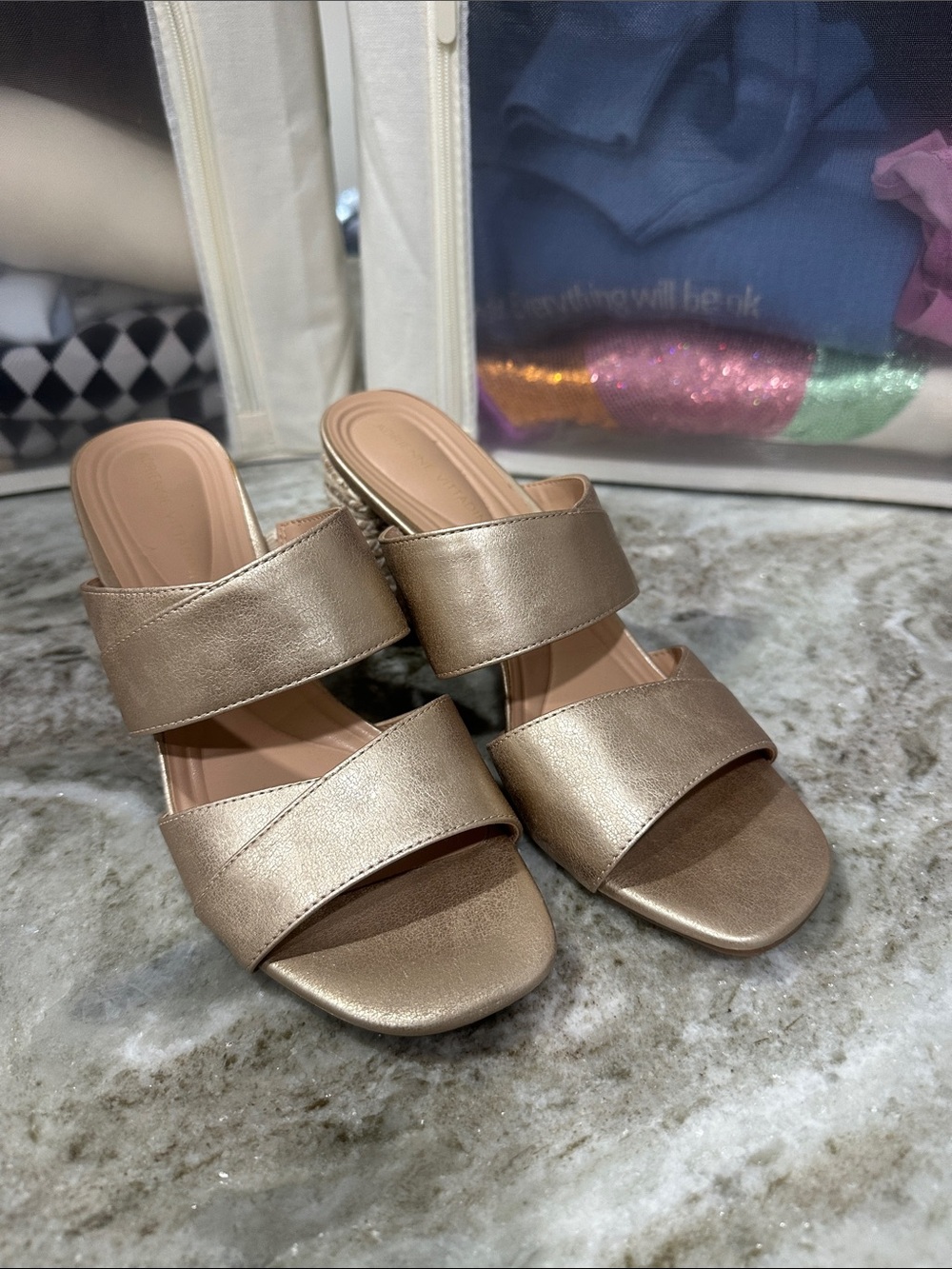 Adrienne Vittadini Metallic Gold Double-Band Slide Heels - Women size 9